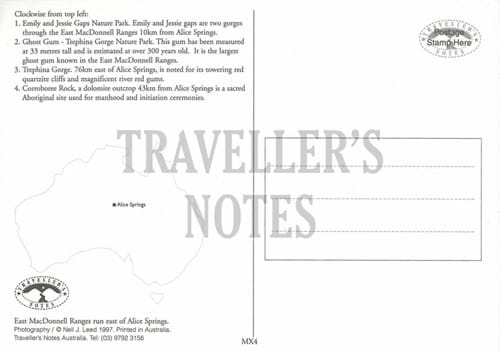 East MacDonnell Ranges Post Card back